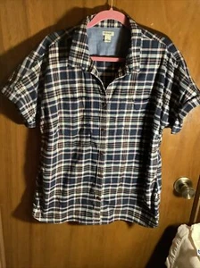 LL Bean Sz L Reg Navy Blue Pink Plaid Flannel Button Up Shirt Short Sleeve - Picture 1 of 9