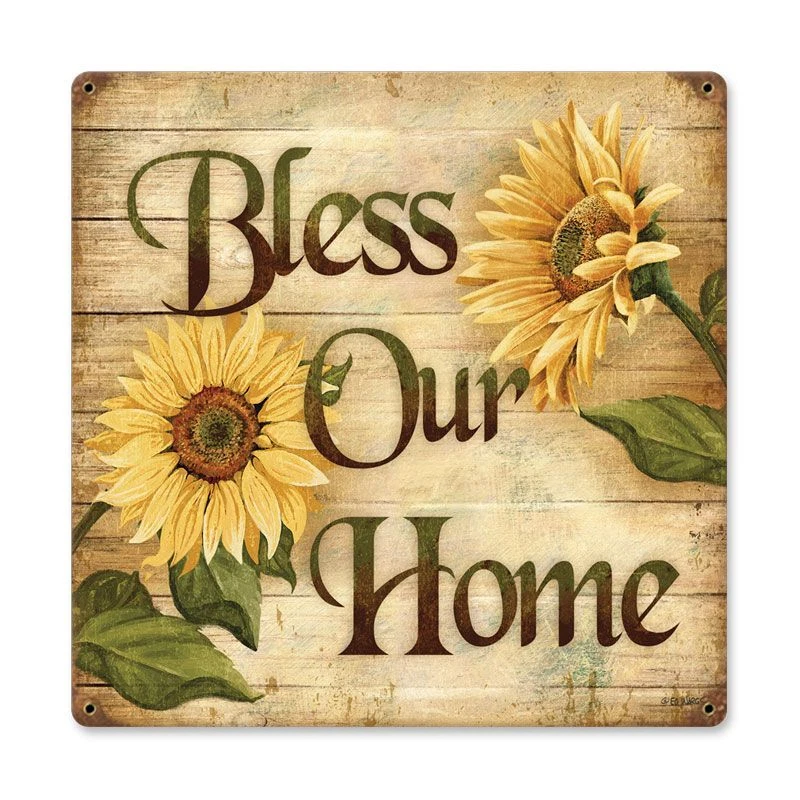 BLESS OUR HOME YELLOW SUNFLOWERS 18" HEAVY DUTY USA MADE METAL HOME DECOR SIGN - Image 1 of 1