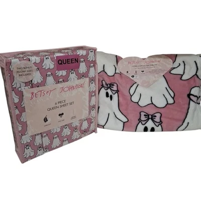 Betsey Johnson Friendly Ghosts Print Queen Bed Sheet & Throw Blanket Set NEW - Image 1 of 4