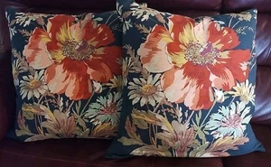 2 Pottery Barn blau Blumenbezug 20" Daunenkissen Mohn Gänseblümchen marineblau doppelseitig - Bild 1 von 8