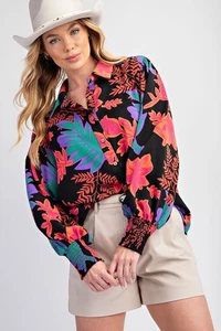 New Easel Women's Twill Button Down Blouse Shirt Top Woven Long Sleeve Medium - Picture 1 of 5