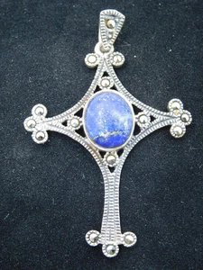 Vintage 925 Sterling Silver Religious Cross with Stone Necklace Pendant - Picture 1 of 2