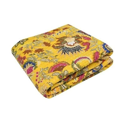 Indian Vintage Cotton Yellow Mukat Print Kantha Quilt Throw King Size Bohemain - Image 1 of 4