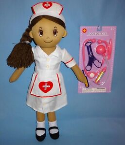 Nurse doll 20" Plush-Cloth-Rag Doll-Brown Yarn Hair-NIP-8 piece play Doctor KIT