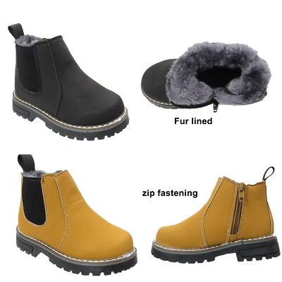 Kids Ankle Boots Boys Girls Winter Warm Snow Boots Chelsea Fur Lined Zip Shoes  - Image 1 of 3