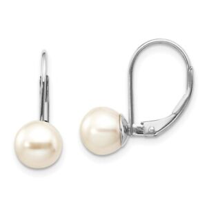 14k White Gold 7-8mm Round Freshwater Cultured Pearl Leverback Earrings