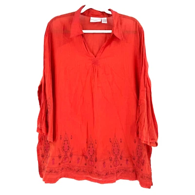 Worthington Women's Floral Embroidered Peasant Tunic Top 2X Burnt Orange Boho - Image 1 of 4