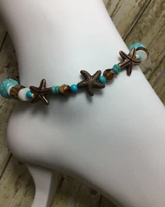 Handmade Beach Turquoise Shell Wood Czech Glass Anklet/Ankle Bracelet USA - Picture 1 of 5