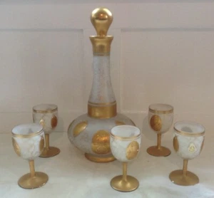 Czechoslovakian Hand Blown Crystal 5 Satin Glass & Decanter Gold Trim & Accents - Picture 1 of 13
