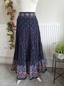 STUNNING NEXT NAVY BLUE MIX FLORAL CRINKLED COTTON GYPSY PEASANT MAXI SKIRT 12 - Picture 1 of 6