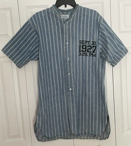 Vtg J. Peterman Co. M Blue Denim Striped Babe Ruth 1927 Oversized Baseball Shirt - Picture 1 of 11