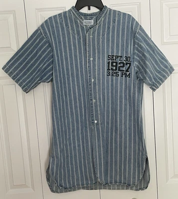 Vtg J. Peterman Co. M Blue Denim Striped Babe Ruth 1927 Oversized Baseball Shirt - Image 1 of 4