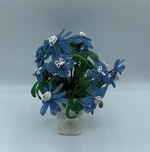 Antique French Beaded Flowers Blue White Urn Shabby Chic - Picture 1 of 7