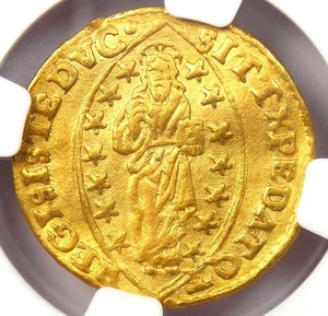 1585-1595 Italy Venice Cicogna Gold Zecchino 1Z Christ Coin - NGC AU Details - Picture 1 of 5