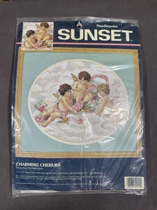 Rare Vintage Dimensions Sunset ~Charming Cherubs~ #12111 Needlepoint Kit - Picture 1 of 2