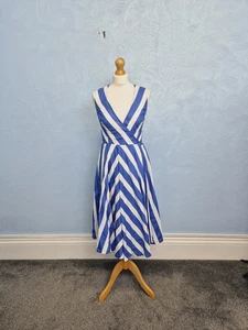 Phase Eight Wrap Dress Size 8 Blue Striped White Cotton V-neck Below Knee - Picture 1 of 7