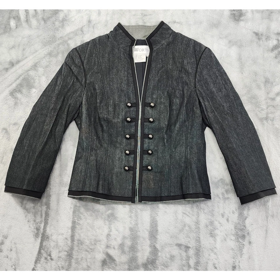 Chaqueta Denim Worth Militar Botón Frontal Talla 2 Desteñida Negra Elastizada Oficina Gótica Foto 1 de 4