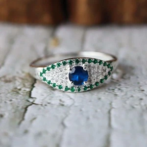 Anillo Mal de Ojo, Plata de Ley 925, Protección Zafiro Azul, Espiritual Turco - Imagen 1 de 8