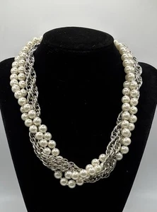 Liz Claiborne Multi Strand Silver Toned Chains & Faux Pearl Statement Necklace - Picture 1 of 7