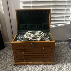 Museum Thomas Series Oak Wood Green Velvet Jewelry Box 15”x12x10” Loaded - Picture 1 of 11