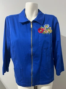 Bob Mackie Women Large Royal Blue Jacket Sweater Embroidered Floral Full Zip - Picture 1 of 6