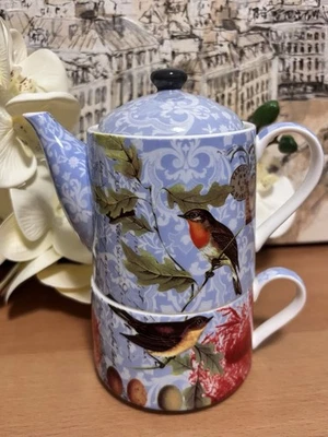 Ceramic Tea For One Teapot Set Classic Blue Birds  Floral Design. Brand New. - Image 1 of 4