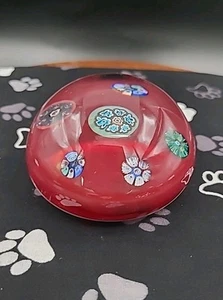Murano Millefiori Art Glass Paperweight Red With Floral Design - Picture 1 of 8