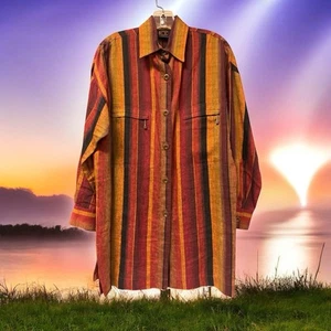 Vtg Striped Linen Tunic Top Women’s Size L/XL 3/4 Sleeve Bold 80s 90s Korea - Picture 1 of 13