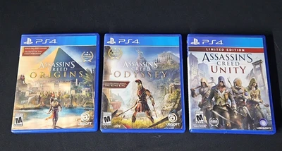 LOTE DE 3 JUEGOS CDS ASSASSIN'S CREED ODYSSEY, ORINGINS Y UNIT PLAYSTATION 4 Foto 1 de 4
