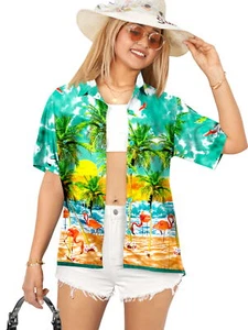HAPPY BAY Hawaiian Shirts Womens Casual Summer Beach L Sea Flamingo, Green - Picture 1 of 3