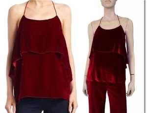 ALICE + OLIVIA sz S Marybeth Red Velvet Halter Layered Ruffle Tie-Neck Top - Picture 1 of 7
