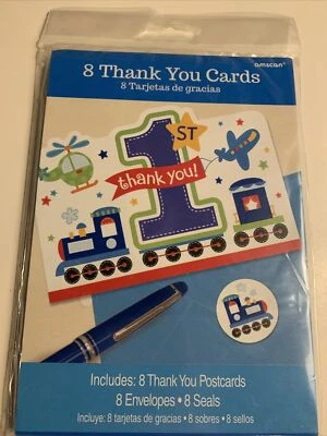 1st Birthday Party Thank You Notes Cards Train Plane Helicopter Vehicle 8 Count - Image 1 of 4