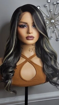 New Wavy Lace Front Wig Black Blonde Highlights Natural Womens Fashion Hair Wigs - Image 1 of 4