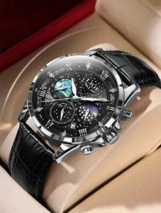Luxus Herren Uhr Mond Datum Silber Schwarz Leder Armband schwarz Herren Mann Box - Bild 1 von 6