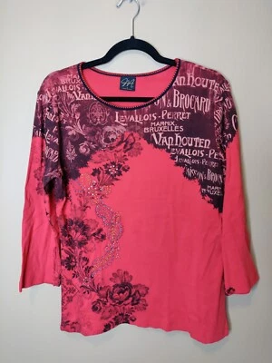 Katina Marie women's L t-shirt Red Black multicolor 3/4 sleeve floral & beaded - Image 1 of 4