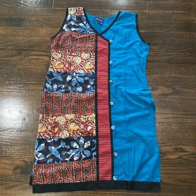 Sacred Threads Patchwork Artsy Tunic Shift Dress L Sleeveless Mixed Print Slits - Image 1 of 4