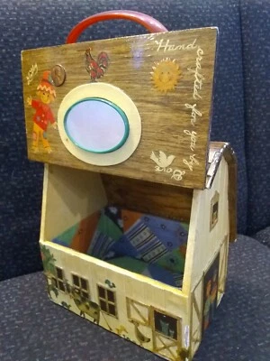 Vtg 1970s wood box DECOUPAGE handmade BARN theme purse bag w/ Lucite handle RARE - Image 1 of 4