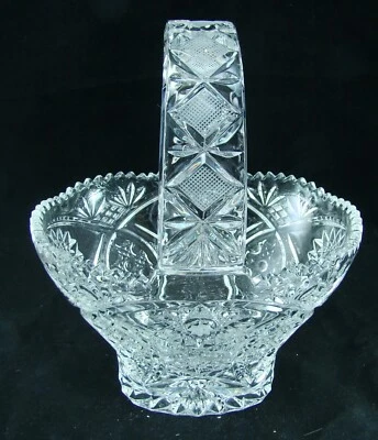 Pressed Glass hand cut details STAR Pattern Handled Basket Vase EXCELLENT - Image 1 of 4