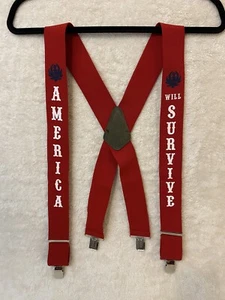 Vtg 80s Hank Williams Jr Red Elastic Suspenders America Will Survive USA Rare - Picture 1 of 4