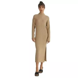 All : Row Tan Khaki The Marie Dress Ribbed Mock Neck Knit Midi Women's Small - Picture 1 of 13