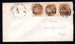 U.S. 1870 SCOTT #112 STRIP OF THREE WITH GRILL TIED BY FANCY TARGET CANCELS - Picture 1 of 2