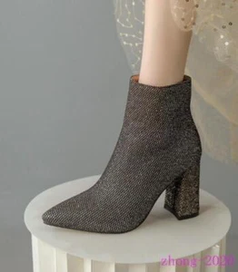 Women's Rhinestone Block High Heel Pointed Toe Zip Ankle Boots Western boots - Picture 1 of 9