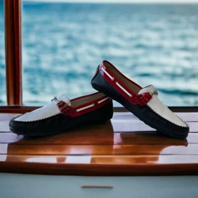 Mocasines clásicos para niños rojos, blancos y azules Horsebit Drivers niños niños talla 40 Foto 1 de 4