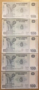 LOT Kongo D.R. 5 Scheine x 100 Francs, 2022 P-98c,. UNC Elefant - Bild 1 von 7