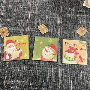Menge 3 Schneemann Santa Believe Blessings LEUCHTENDE Leinwand 6x6 Zoll Batterie Neu - Bild 1 von 13