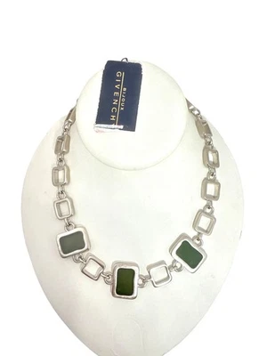 Givenchy Green Enamel Square Link Statement Necklace Silver Tone - Image 1 of 4