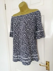 NEXT Size 16 Beautiful Navy Blue & White Floral Bardot Off The Shoulder Top VGC - Picture 1 of 8