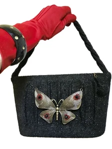 Vintage 1940er Upcycle Neuheit Schmetterling schwarz Glas Samen Perlen Handtasche/Art Deco - Bild 1 von 8