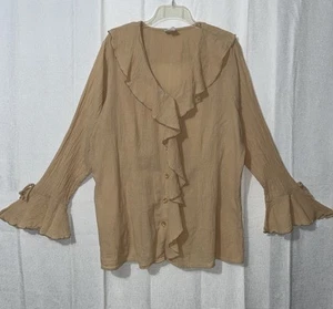 Vintage Carolina Colours Sz 18 Tan Gauzy Ruffle Button Up Long Sleeve Bell Cuff - Picture 1 of 23