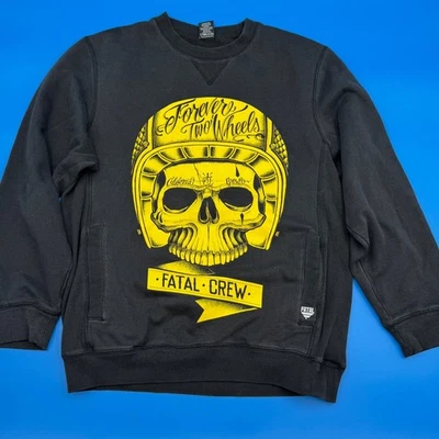 VTG Fatal Crew Skull Helmet Graphic Sweatshirt Men's Medium Black Yellow Y2K - Image 1 of 4